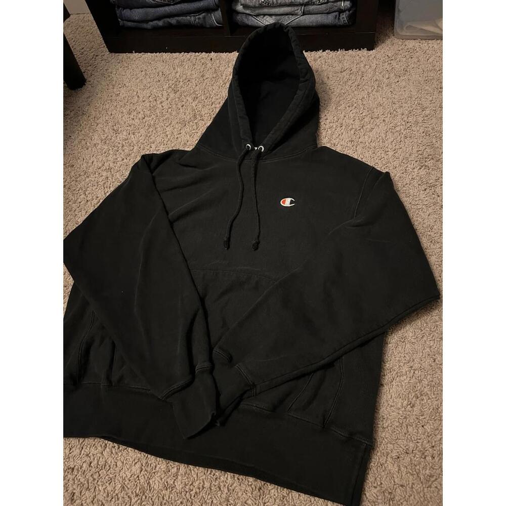 Vintage Champion Reverse Weave Black Heavyweight USA Logo Hoodie Men’s Size L